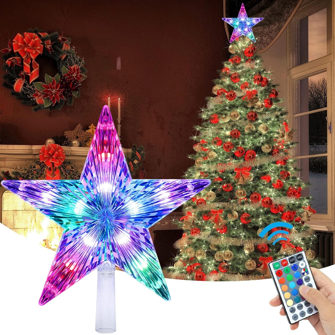 Christmas Star Tree Topper Lights - 9.5 Inch & 10 LED with Remote (3AA Battery Powered)